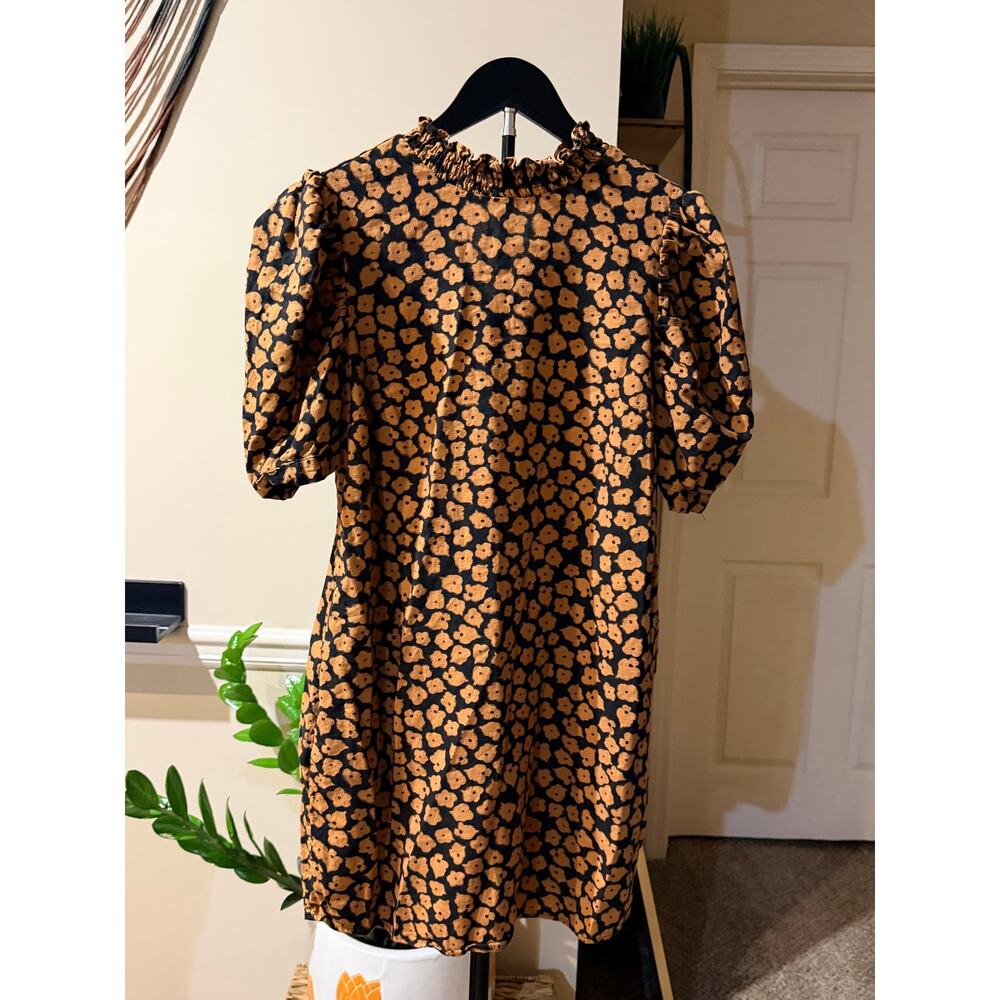 Who What Wear Brown and Black Floral Linen Blend Puff Sleeve Dress XS
